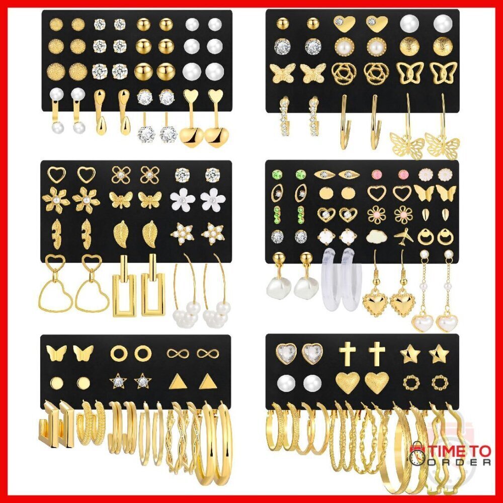 84 Pairs Gold Stud Earrings Set Hypoallergenic Cubic Zirconia Butterfly Hoops